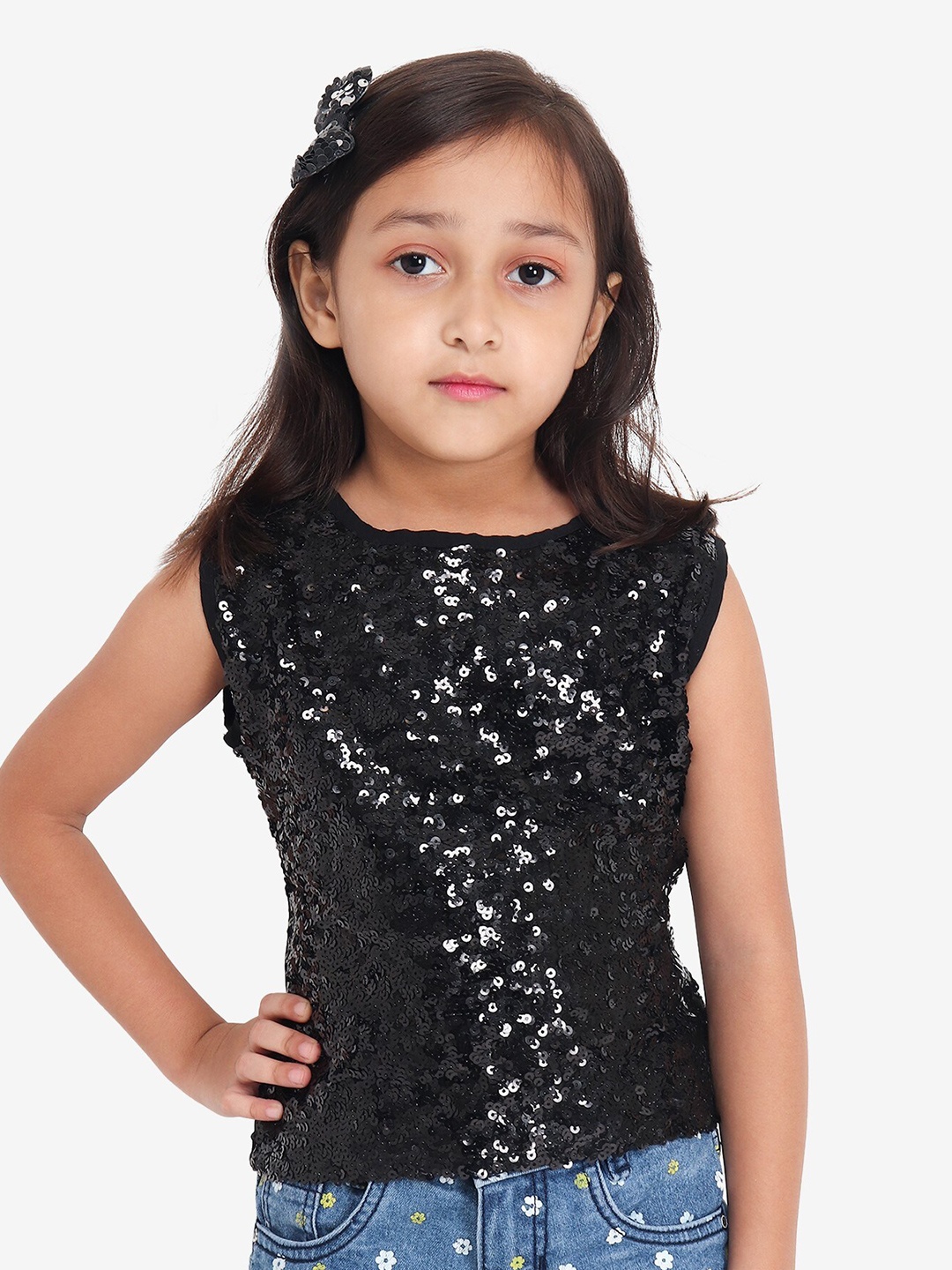 

YK Girls Girls Black Sequin Embellished Net Party Top