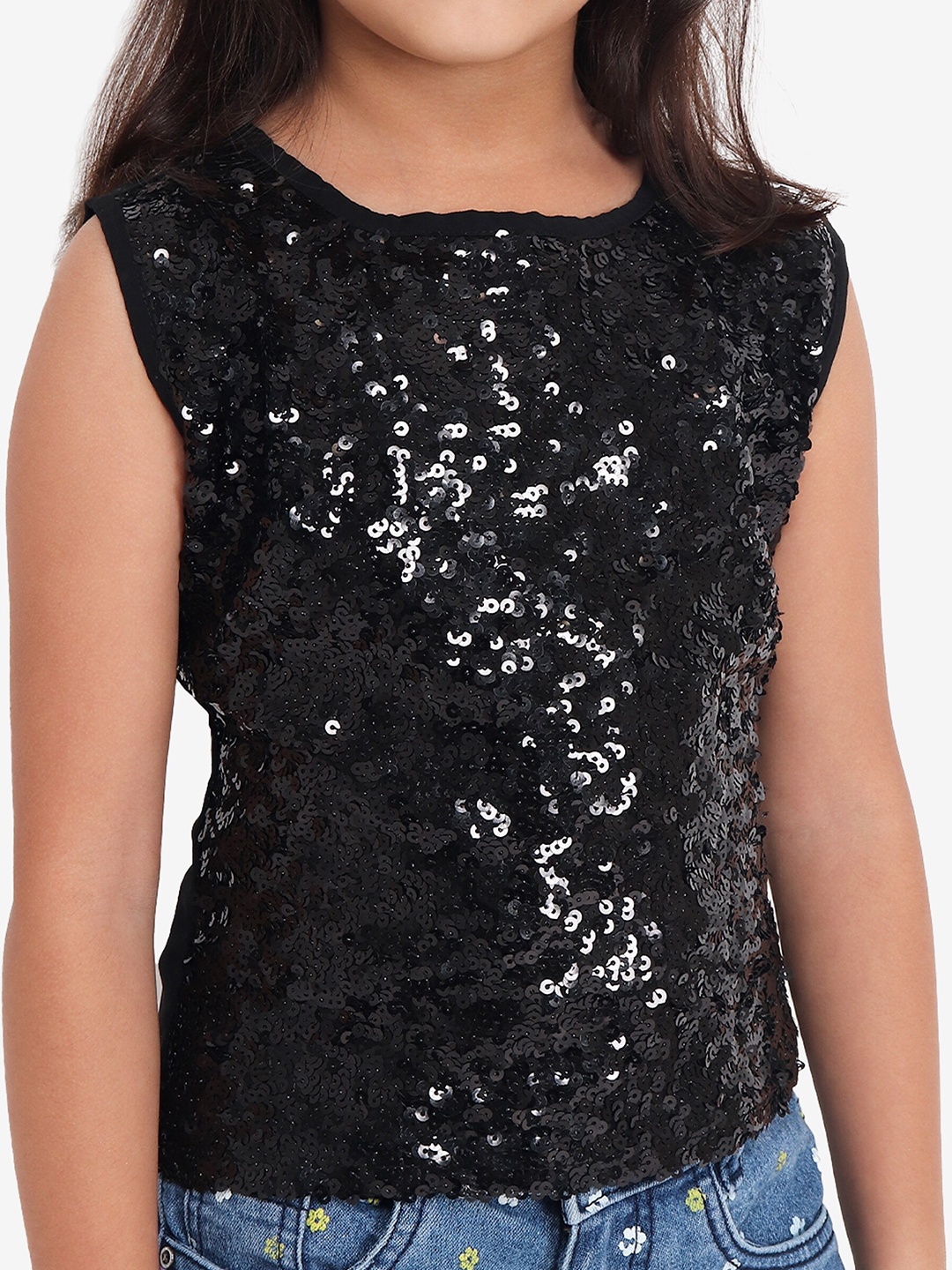 

YK Girls Black All Over Sequin Embellished Party Top