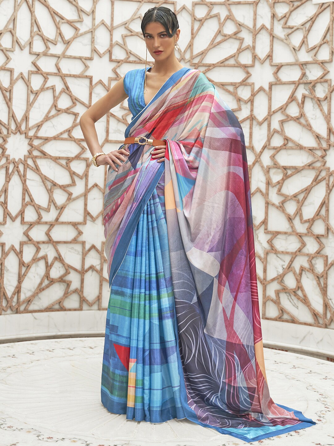 

Mitera Blue & Pink Printed Saree