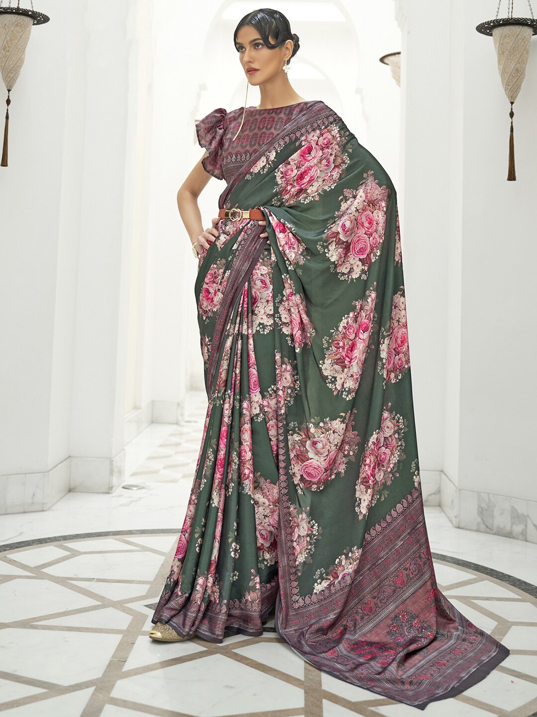 

Mitera Green & Pink Floral Saree