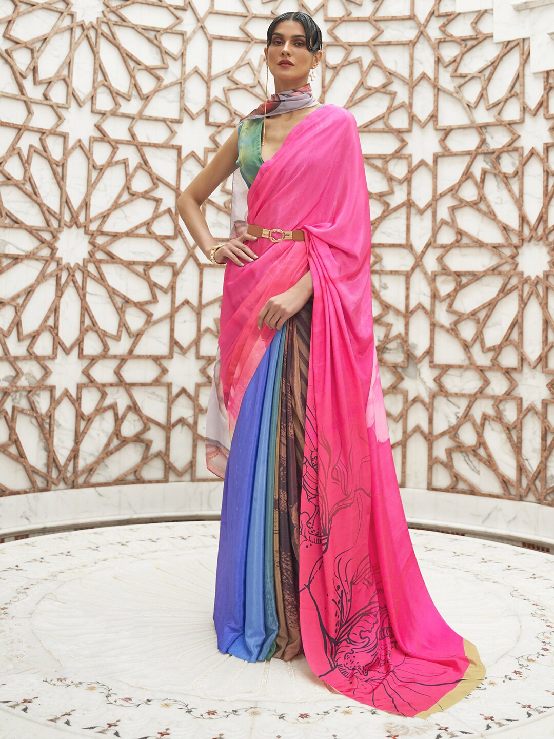 

Mitera Pink & Blue Floral Saree
