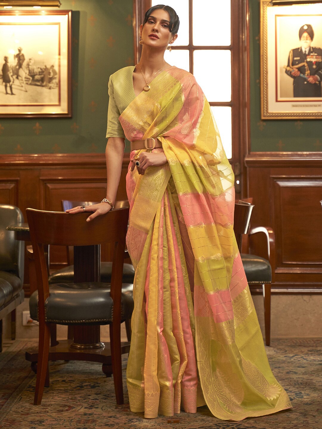 

Mitera Green & Pink Ethnic Motifs Zari Organza Banarasi Saree