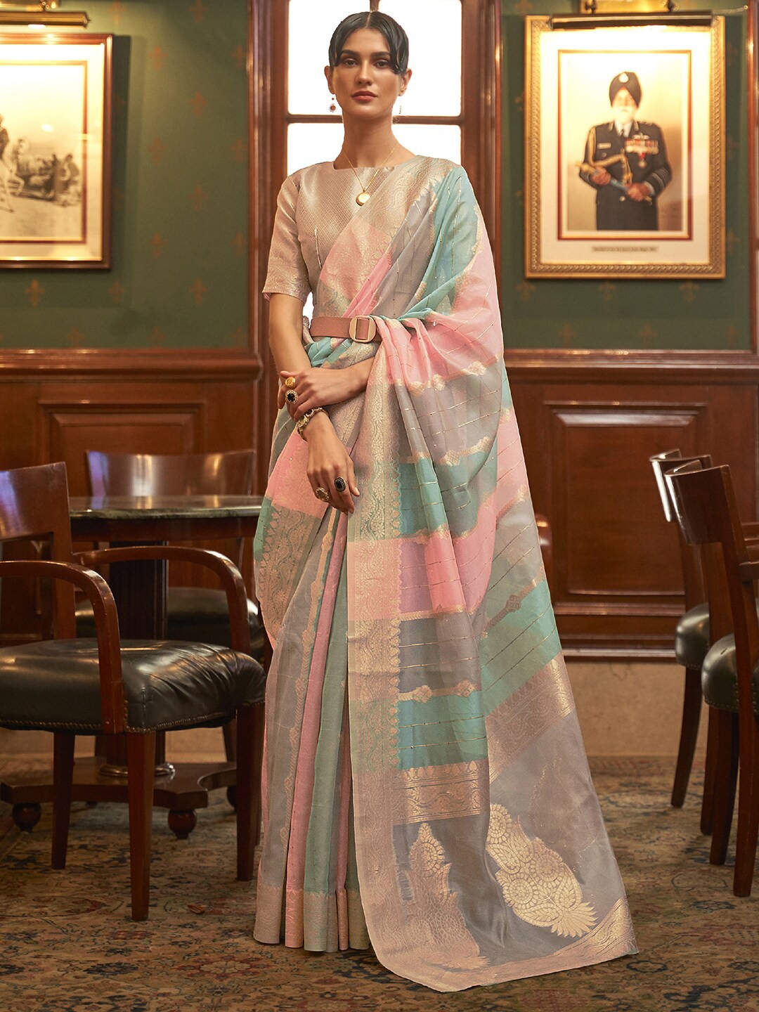 

Mitera Pink & Blue Ethnic Motifs Zari Organza Banarasi Saree