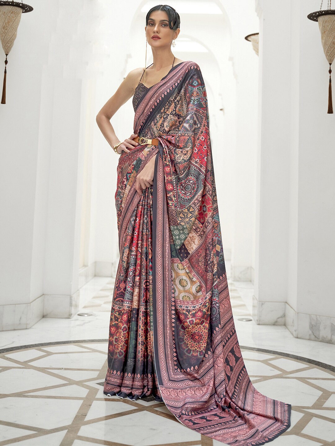 

Mitera Pink & Grey Ethnic Motifs Pochampally Saree