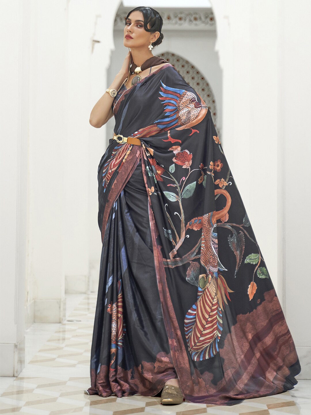 

Mitera Black & Blue Kalamkari Pochampally Saree