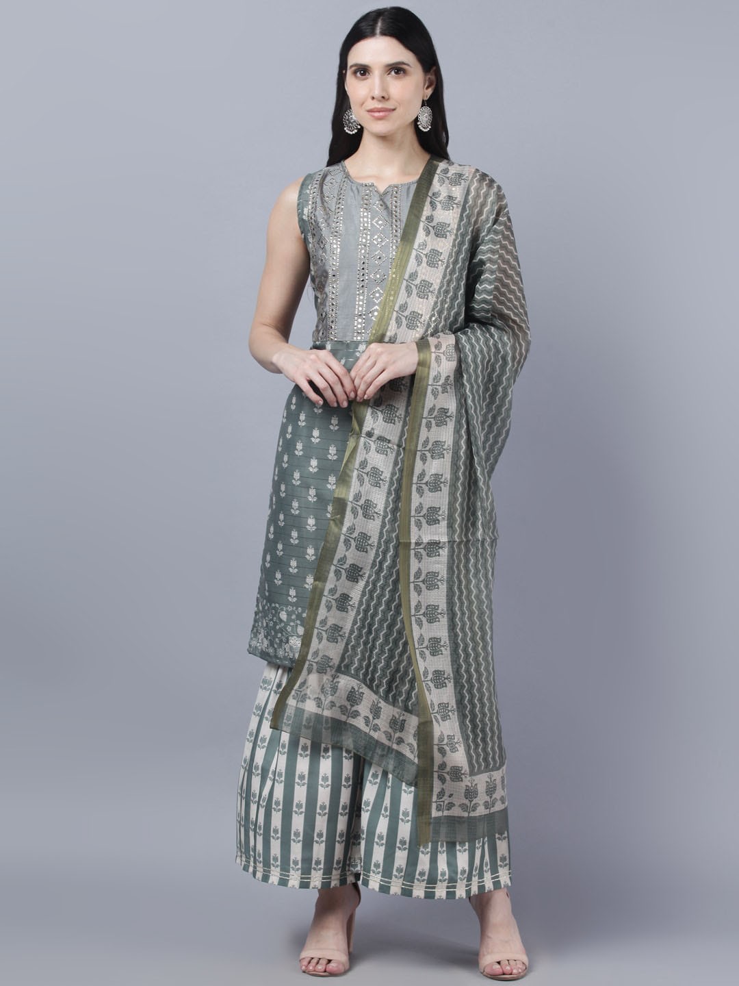 

Myshka Women Grey Ethnic Motifs Panelled Kurta with Palazzos & Dupatta