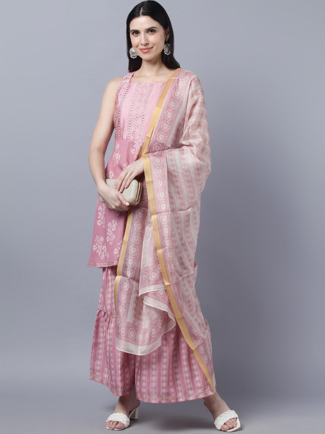 

Myshka Women Peach-Coloured Ethnic Motifs Printed Panelled Kurti with Sharara & With Dupatta