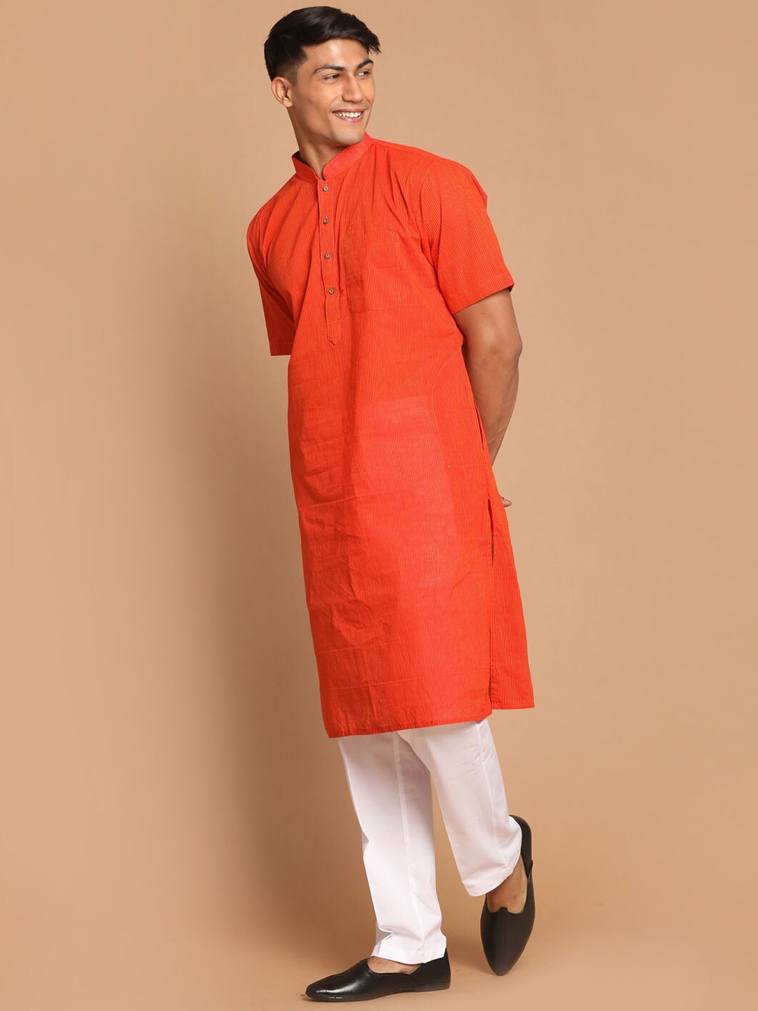 

VASTRAMAY Men Orange Striped Pure Cotton Kurti with Pyjamas