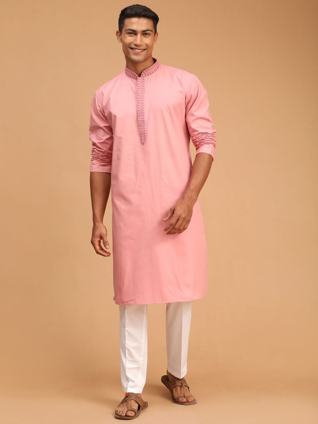 

VASTRAMAY Men Pink Angrakha Kurti with Pyjamas