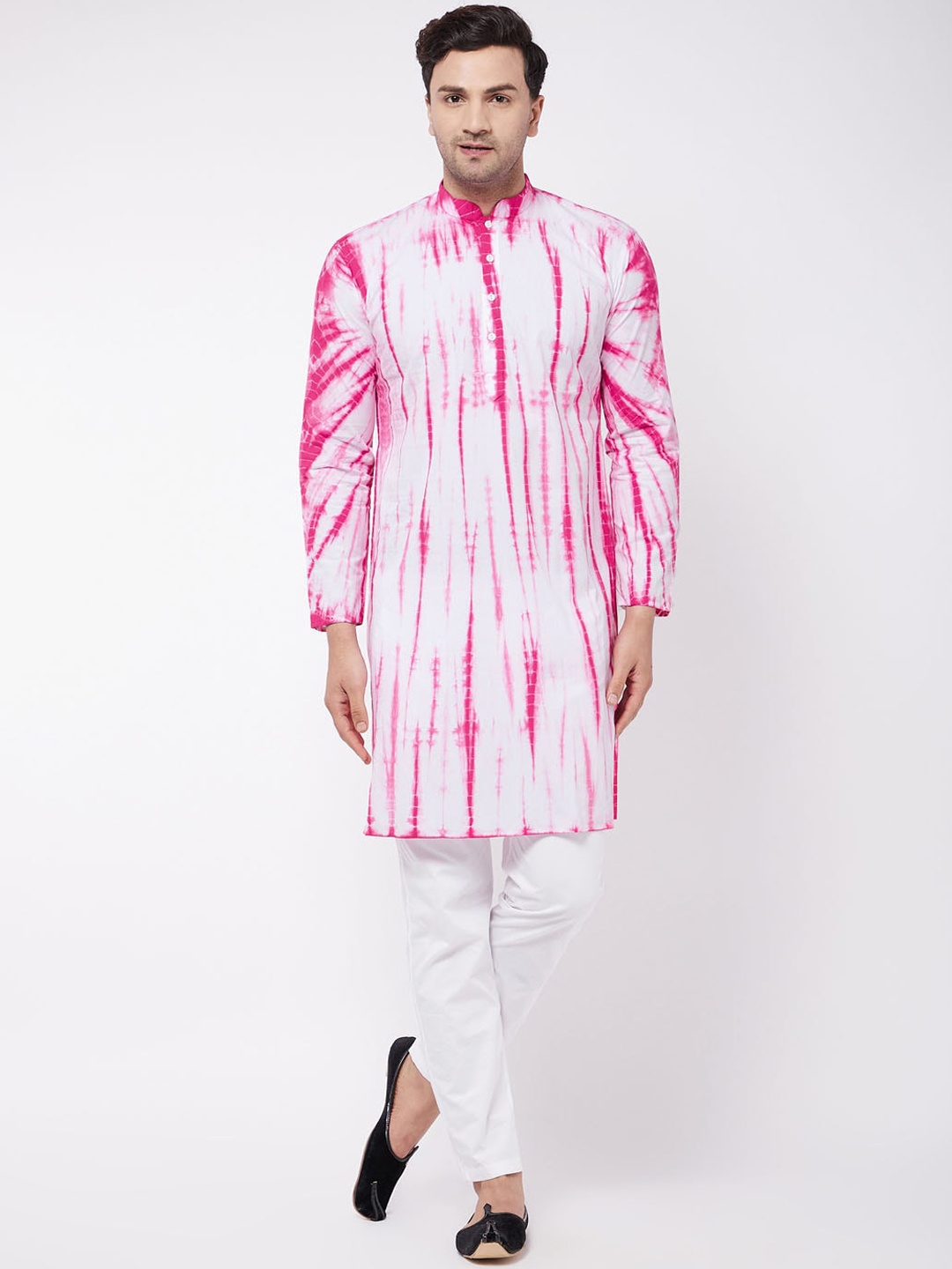 

VASTRAMAY Men Pink Striped Pleated Pure Cotton Kurti with Pyjamas & With Dupatta