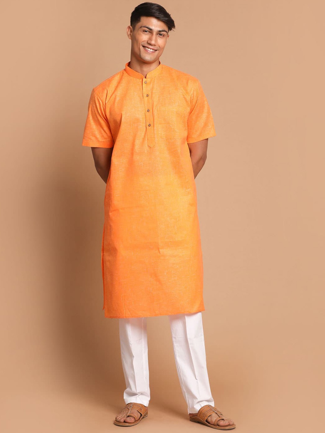 

VASTRAMAY Men Orange Kurti with Pyjamas