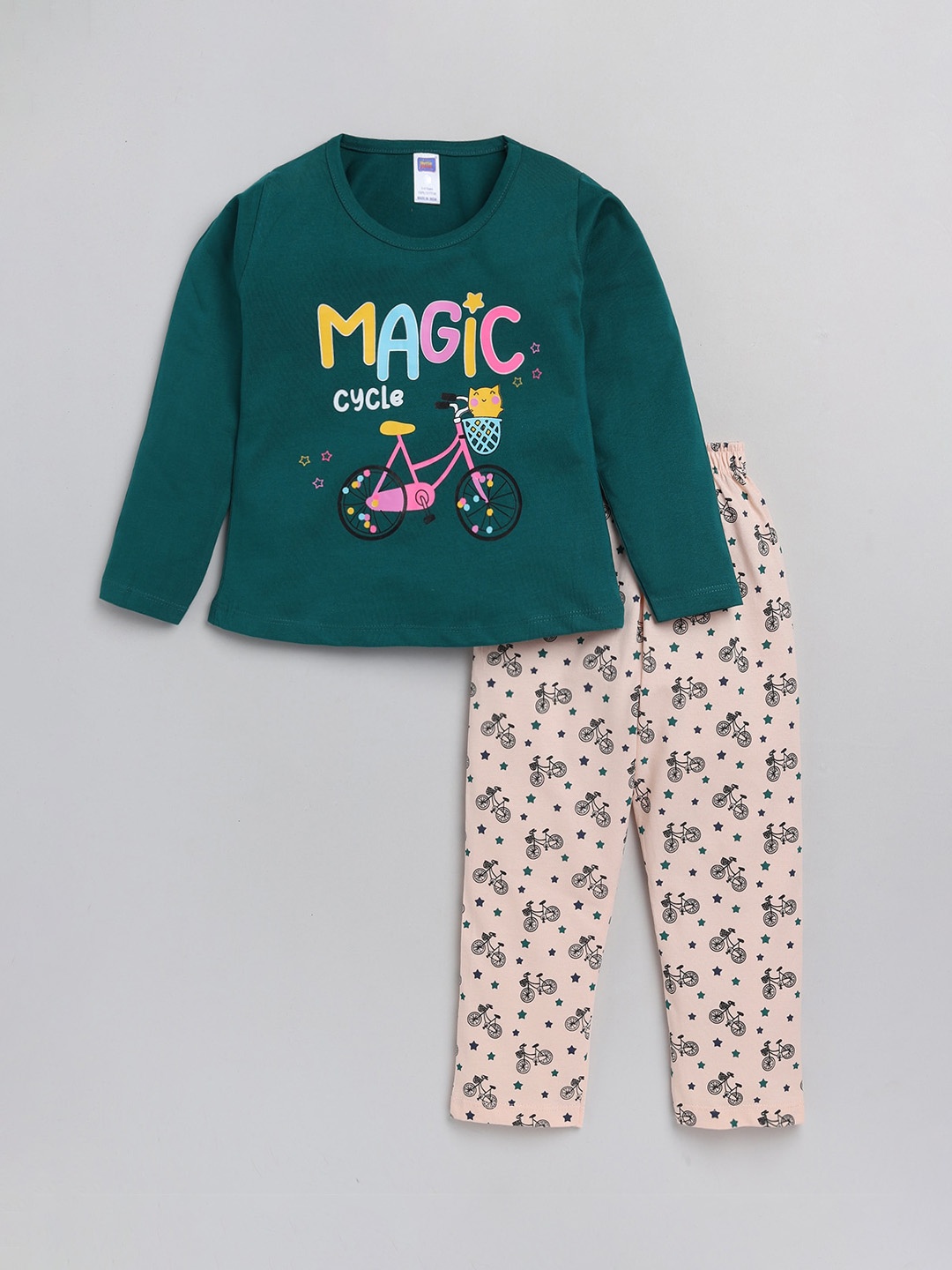 

Nottie Planet Girls Green & Beige Printed Night suit