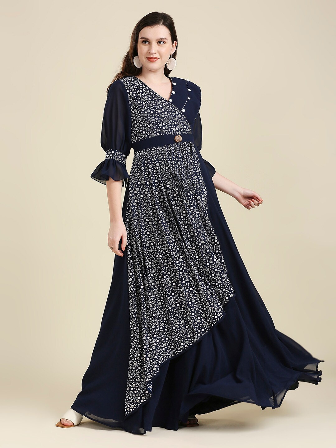 

MADHURAM Navy Blue Floral Georgette Maxi Dress