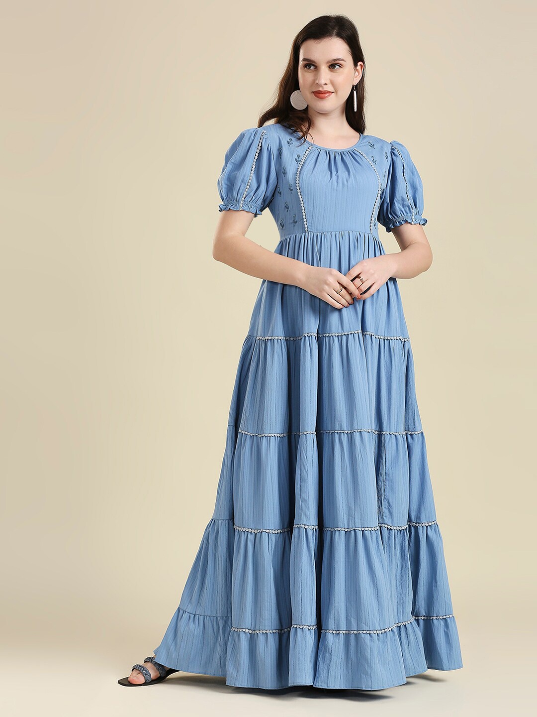 

MADHURAM Women Blue Floral Embroidered Tiered Empire Dress
