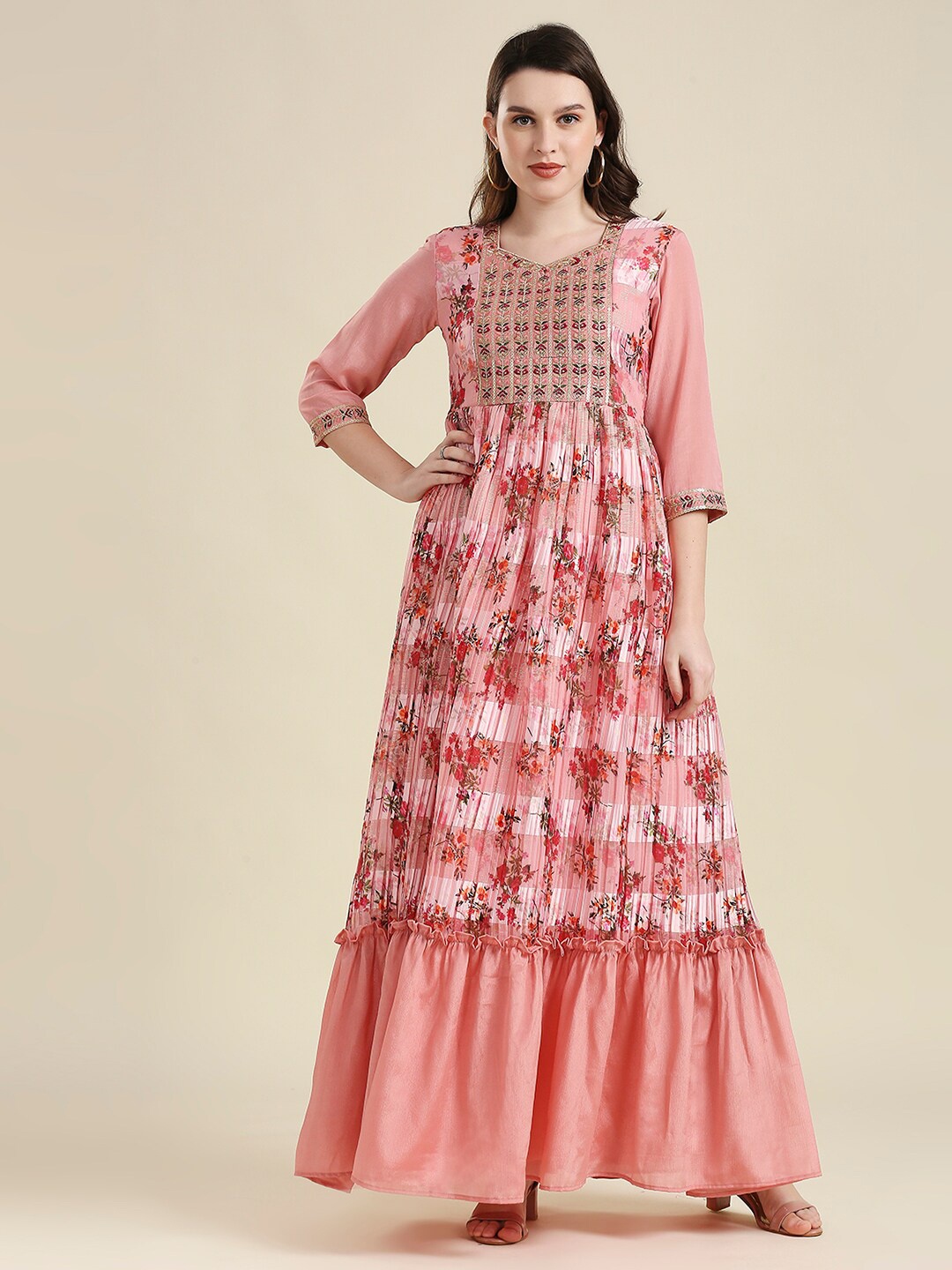 

MADHURAM Women Pink & Red Floral Yoke Design Gotta Patti Floral Anarkali Kurta