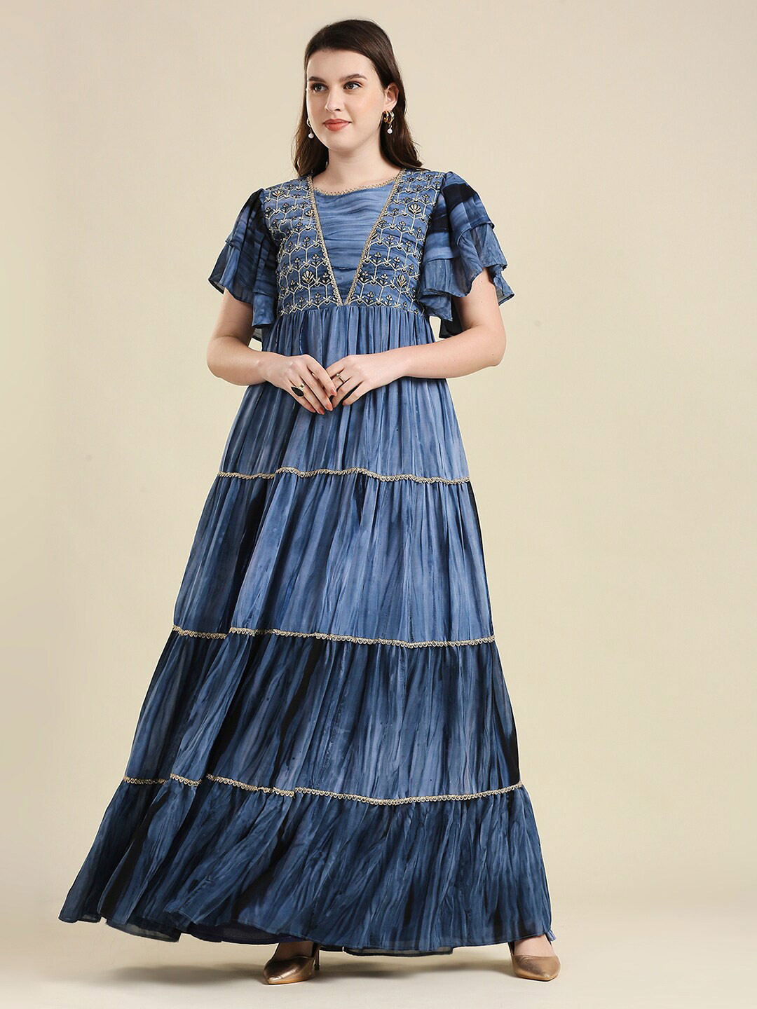 

MADHURAM Blue & Gold-Toned Georgette Ethnic Maxi Dress