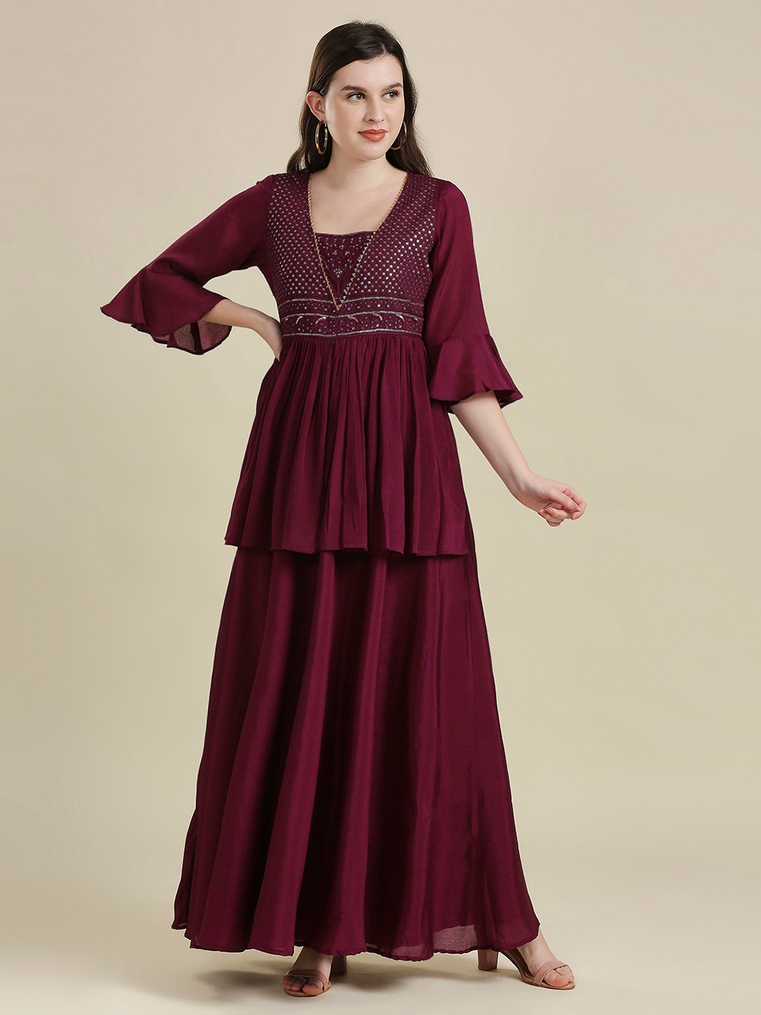 

MADHURAM Women Maroon Yoke Design Bell Sleeves Anarkali Kurta
