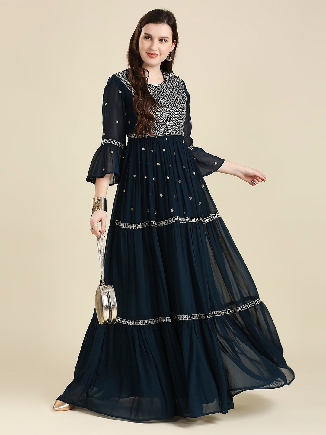 

MADHURAM Women Ethnic Motifs Embroidered Bell Sleeves Anarkali Kurta, Navy blue