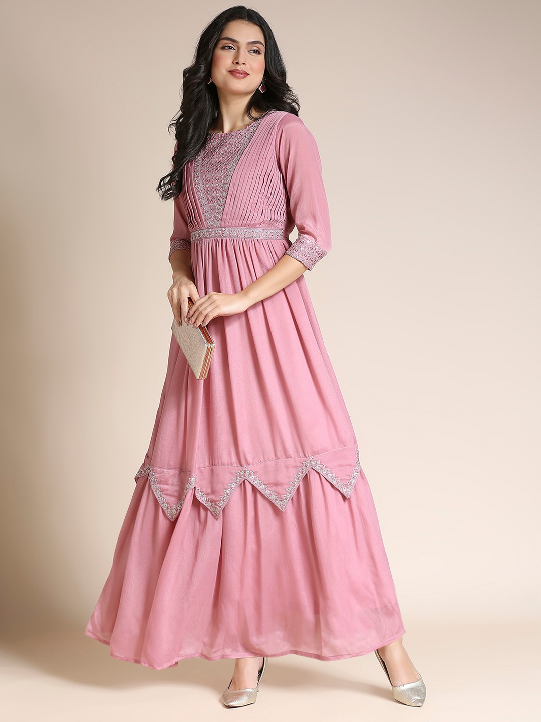 

MADHURAM Pink & Gold-Toned Chiffon Ethnic Maxi Dress