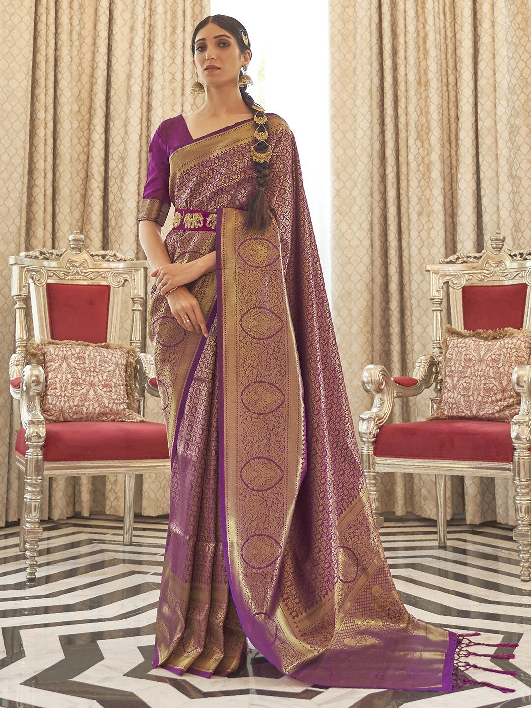 

Mitera Purple & Gold-Toned Woven Design Zari Silk Blend Saree