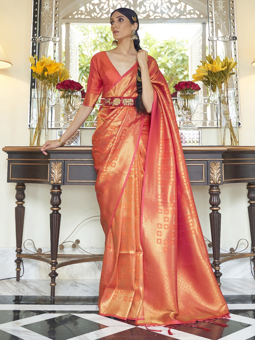 

Mitera Peach-Coloured & Gold-Toned Ethnic Motifs Zari Silk Blend Saree