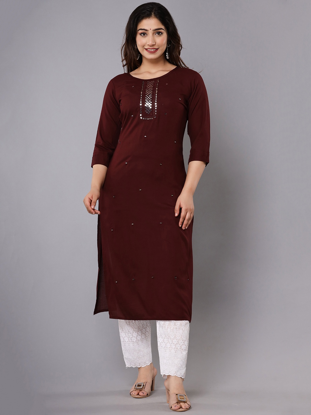 

ADORRO Women Coffee Brown Ethnic Motifs Embroidered Thread Work Kurta