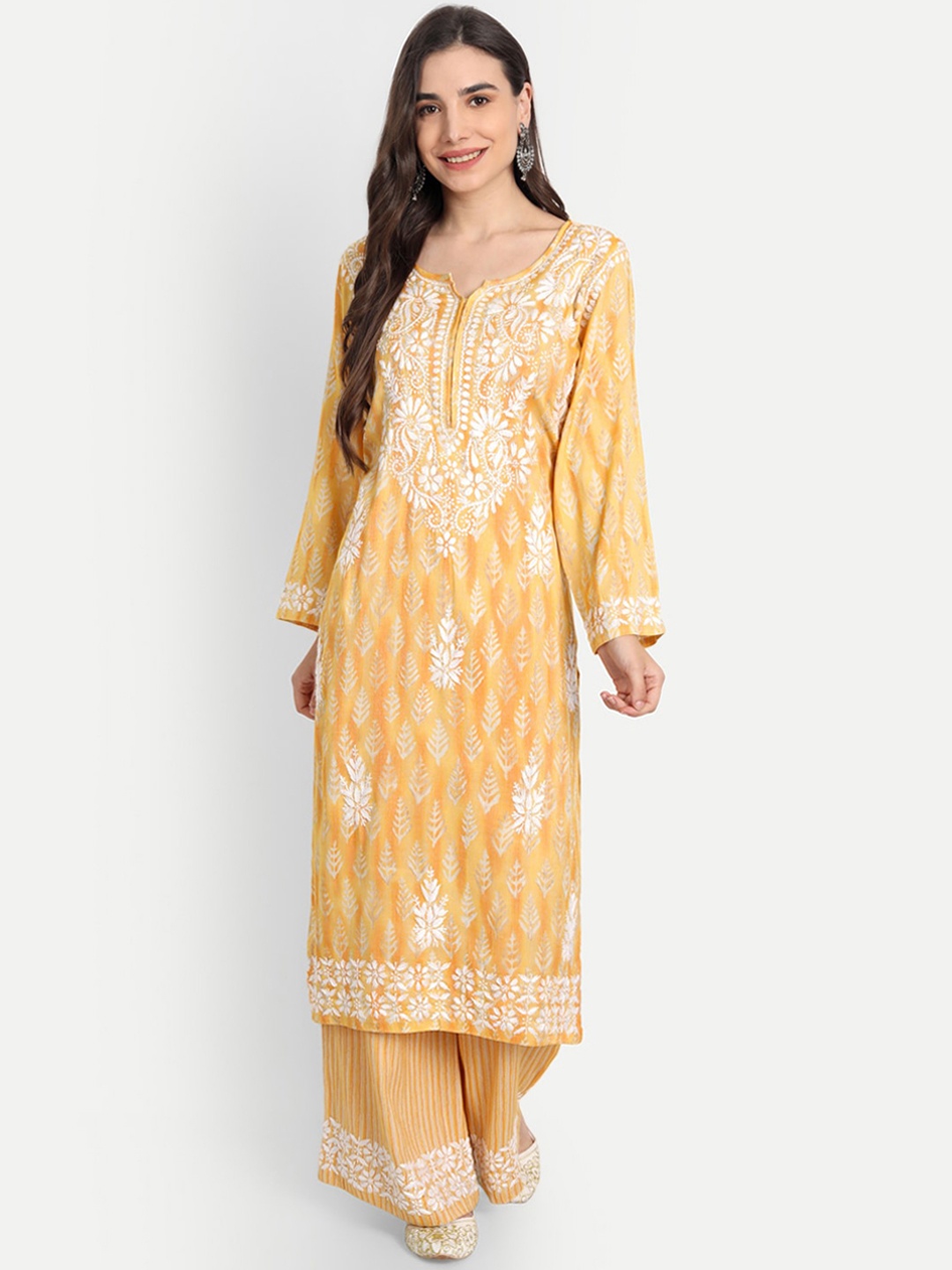 

Indiankala4u Women Yellow Ethnic Motifs Embroidered Chikankari Kurta with Palazzos