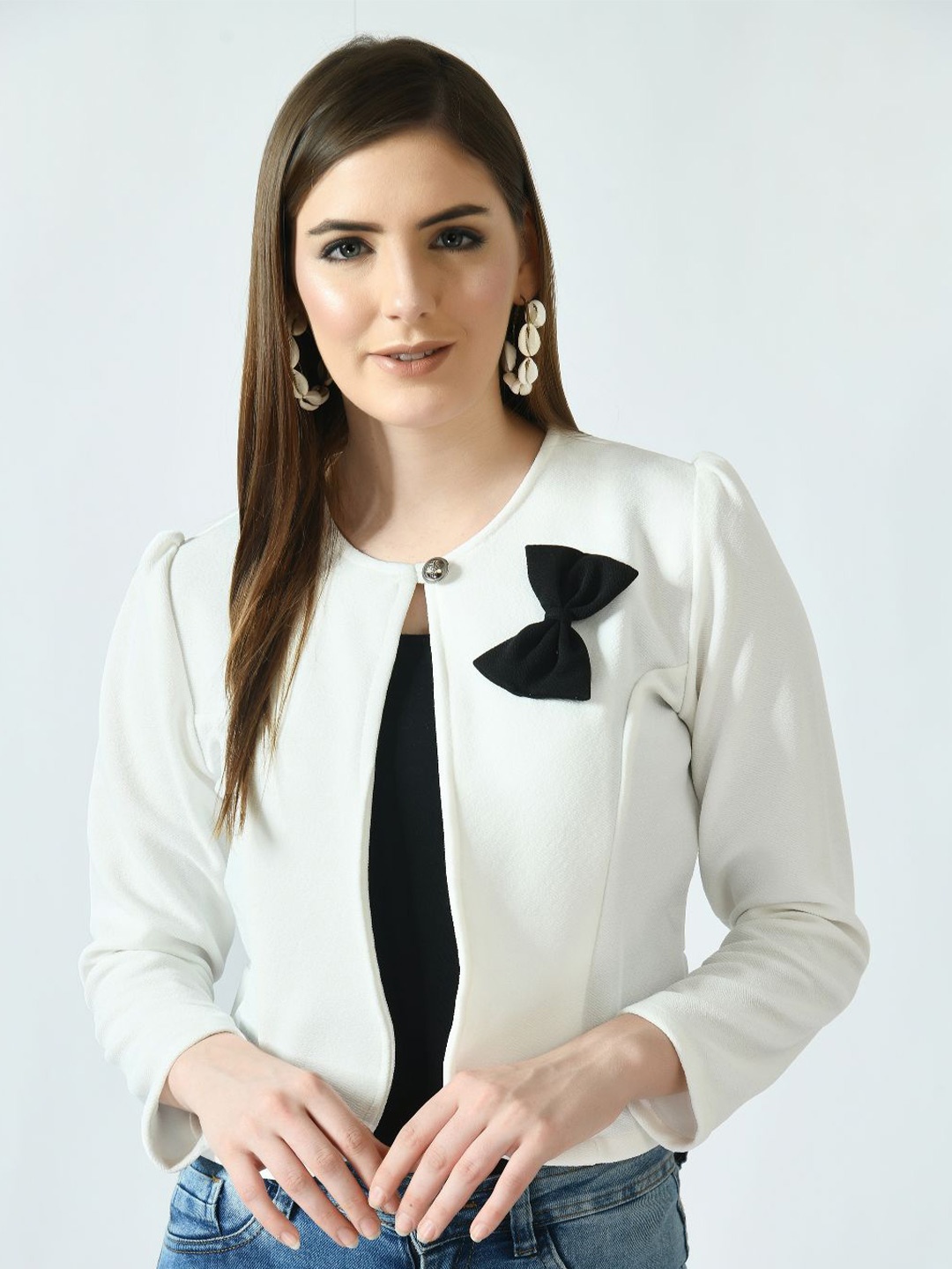 

IUGA Women White & Black Polyester Crop Shrug