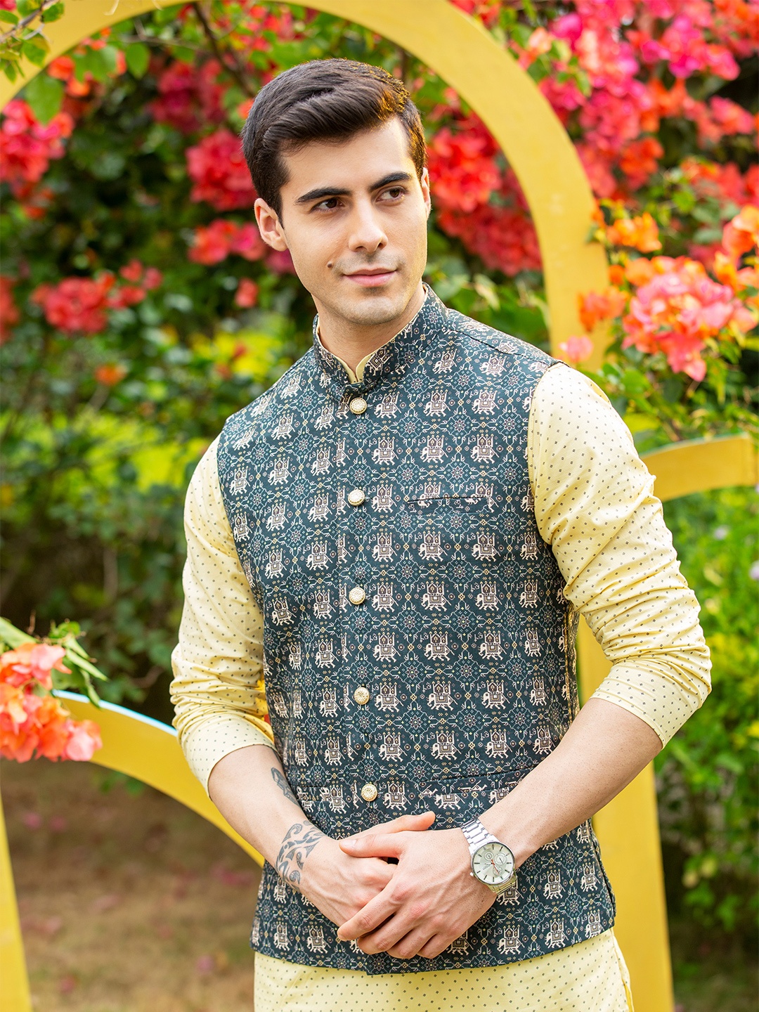 

Sanwara Men Green & Beige Printed Woven Nehru Jackets