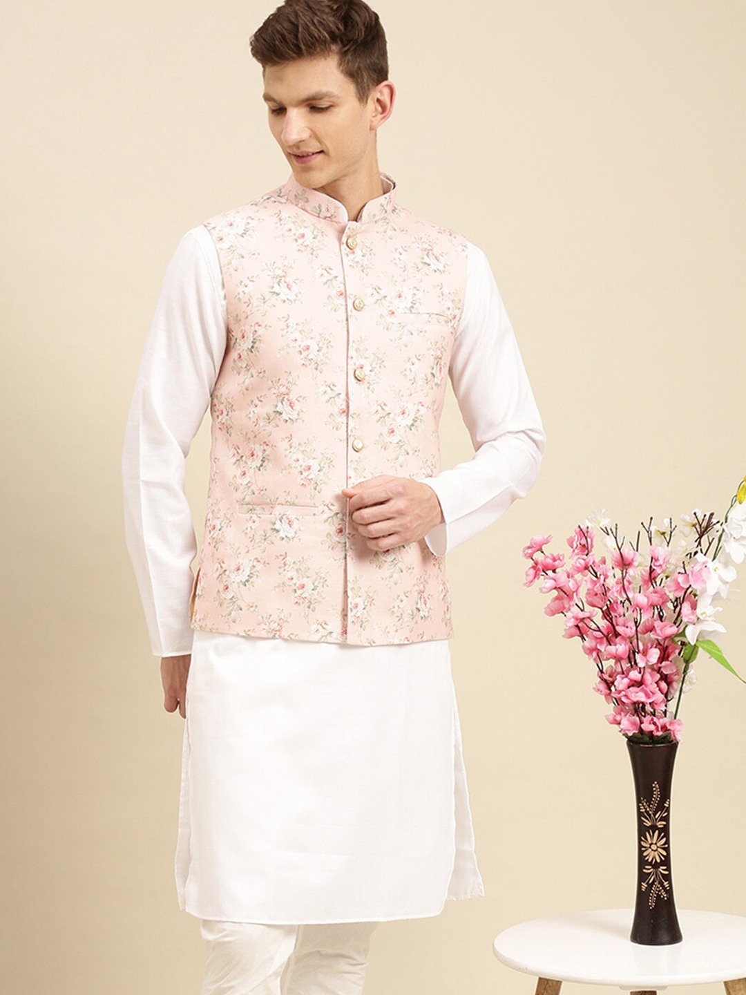 

Sanwara Men Pink Printed Nehru Jacket