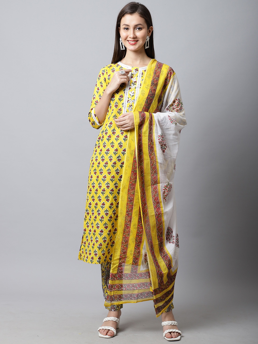 

Rajnandini Women Yellow Ethnic Motifs Printed Pure Cotton Kurta with Trousers & With Dupatta