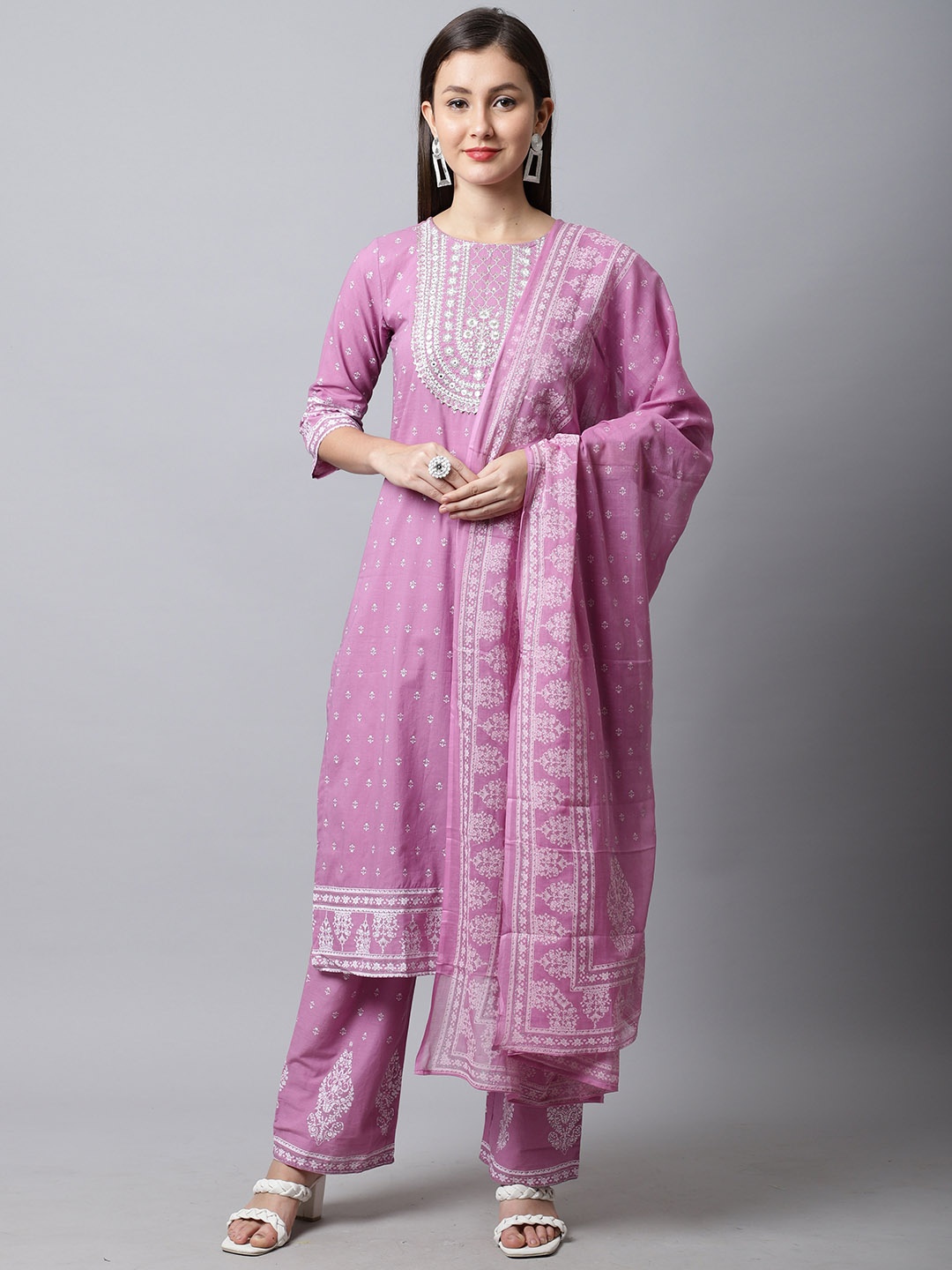 

Rajnandini Women Purple Ethnic Motifs Printed Pleated Pure Cotton Kurta with Churidar & With Dupatta