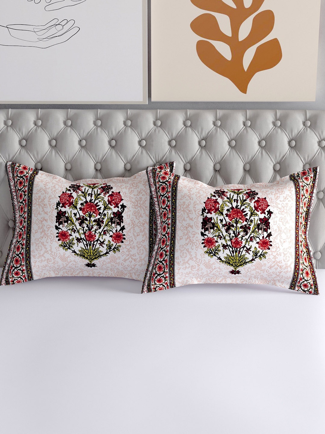 

Salona Bichona Set Of 2 Pink & Maroon Printed Pure Cotton Pillow Covers