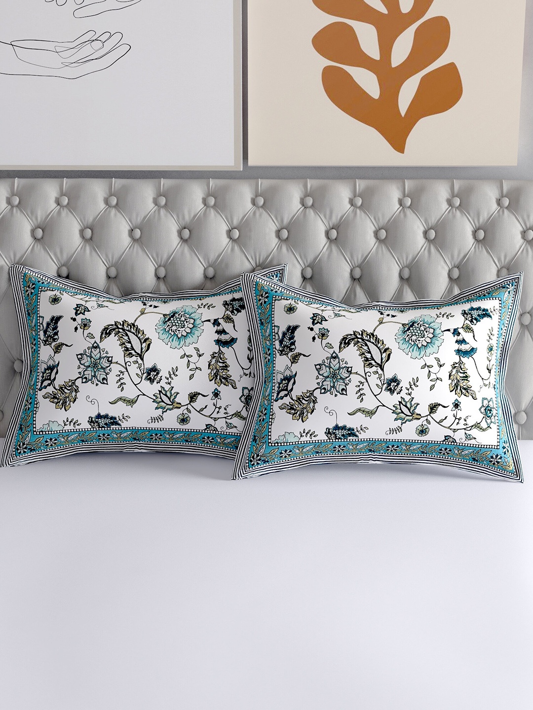 

Salona Bichona Set Of 2 Printed Pure Cotton 120 TC Pillow Covers, Turquoise blue