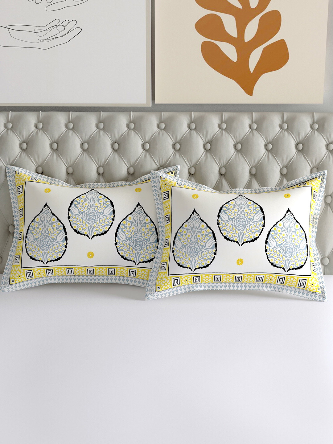 

Salona Bichona Set of 2 Yellow & White Printed 120 TC Cotton Pillow Covers