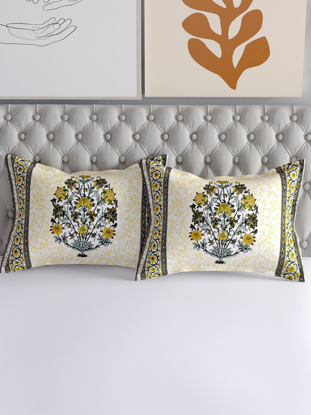 

Salona Bichona Set Of 2 Yellow Printed 120 TC Pure Cotton Pillow Covers