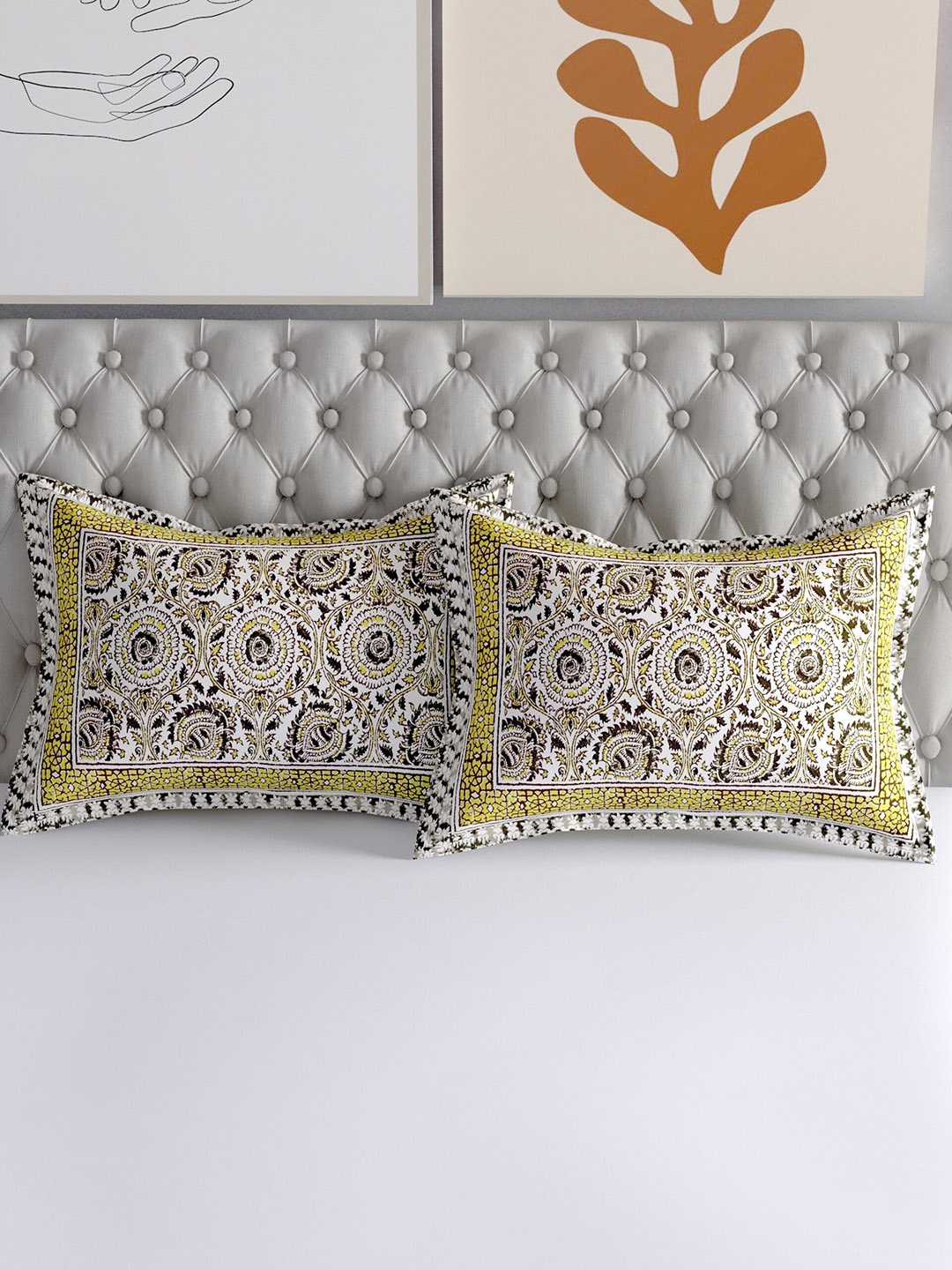

Salona Bichona Set Of 2 Printed Pure Cotton 120 TC Pillow Covers, Yellow