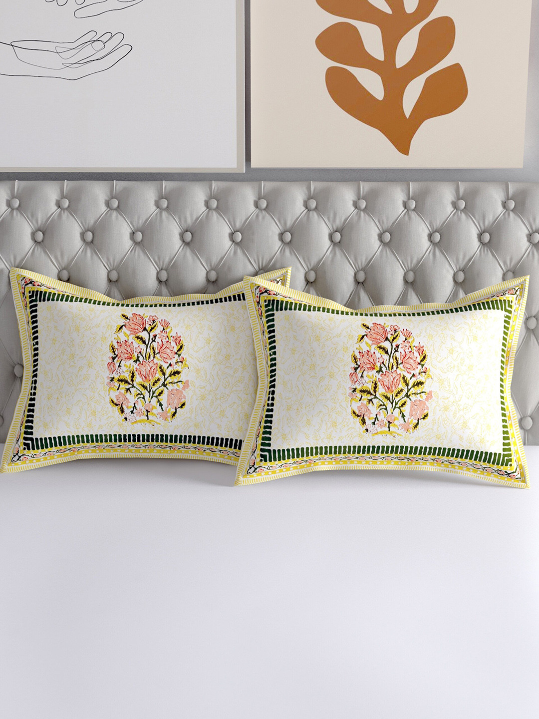 

Salona Bichona Set of 2 Yellow & White Printed 120 TC Cotton Pillow Covers