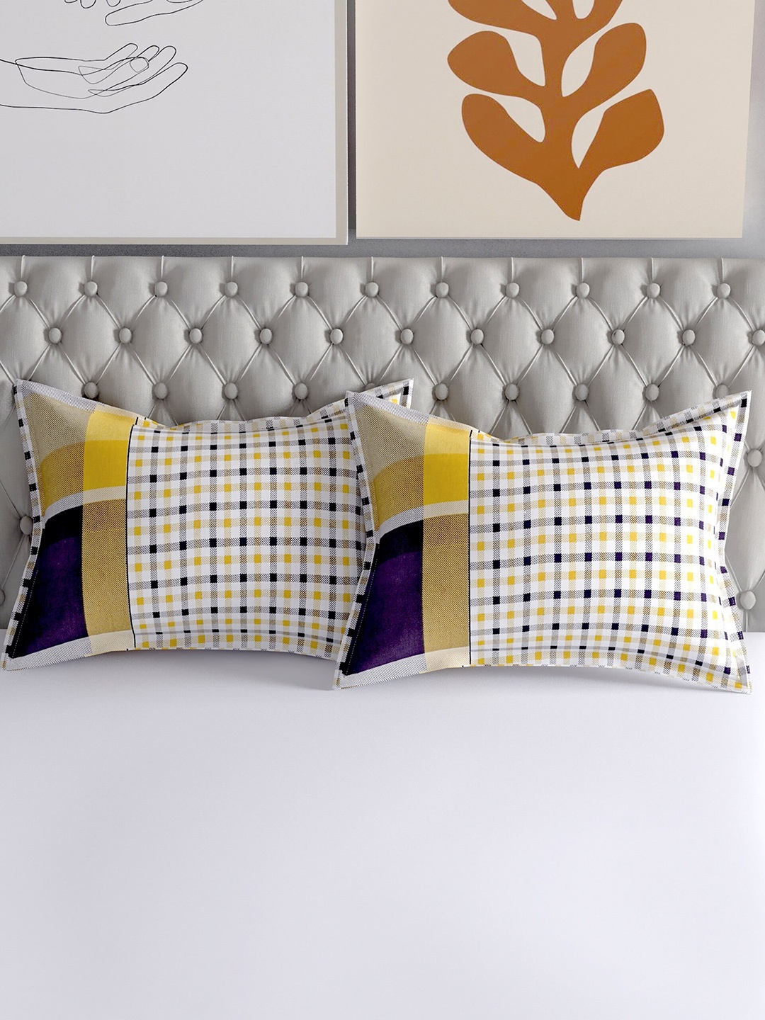 

Salona Bichona Set Of 2 Yellow & White Printed Pure Cotton 104 TC Pillow Covers