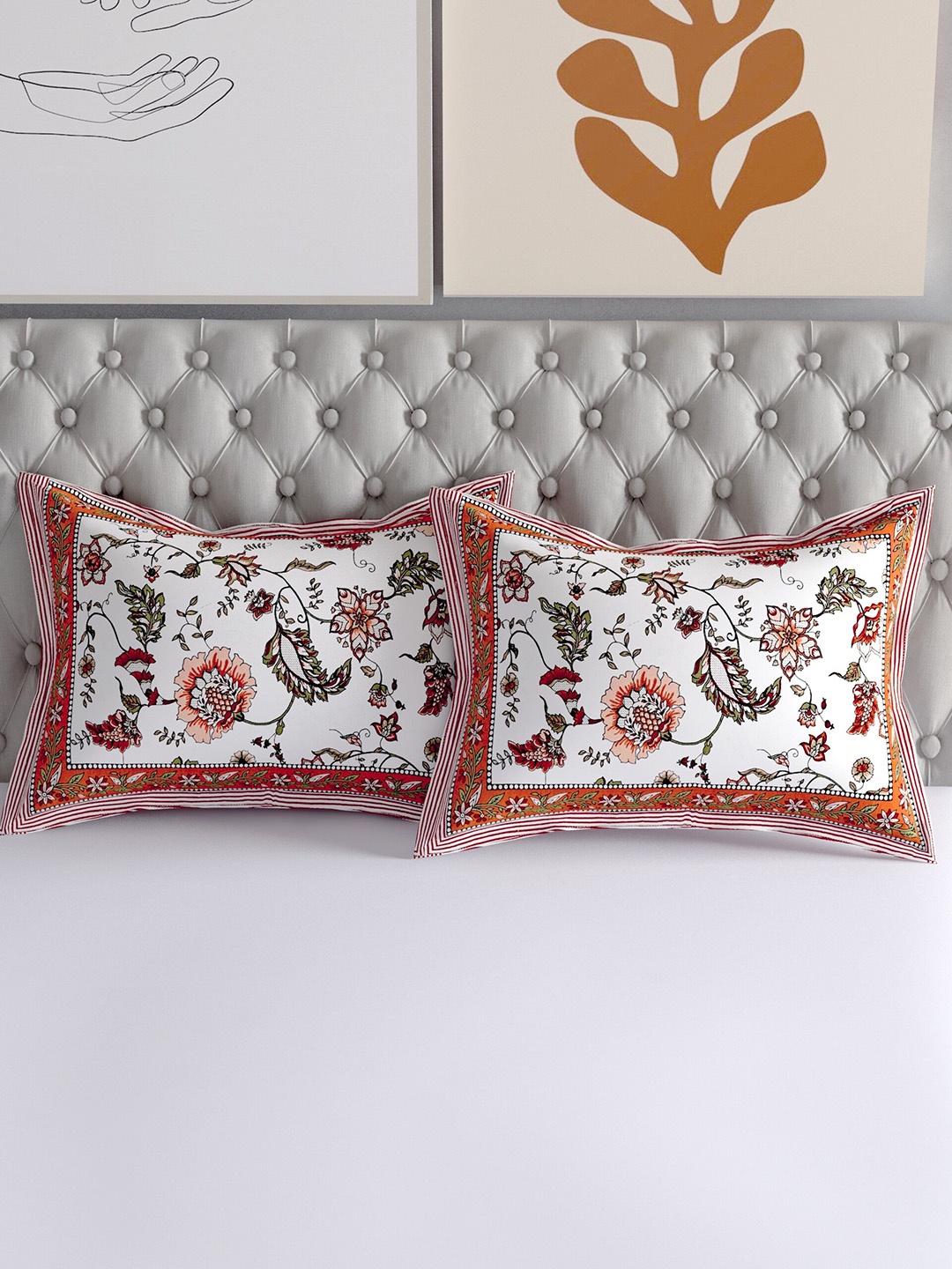 

Salona Bichona Set Of 2 Orange & White Printed Pure Cotton 120 TC Pillow Covers