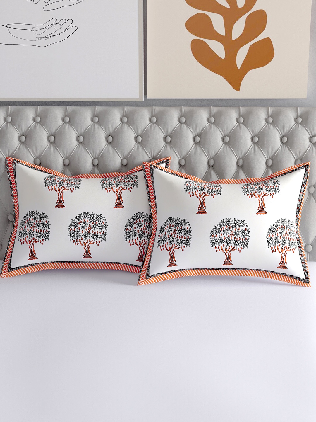 

Salona Bichona Set Of 2 Printed Pure Cotton 120 TC Pillow Covers, White