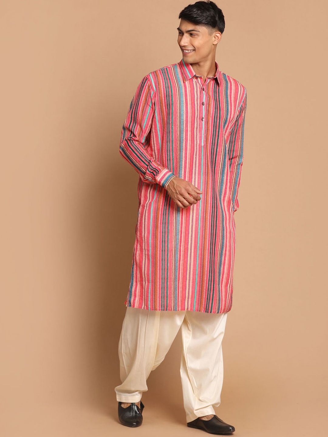 

VASTRAMAY Men Multicoloured Striped Angrakha Sequinned Kurti with Salwar, Multi