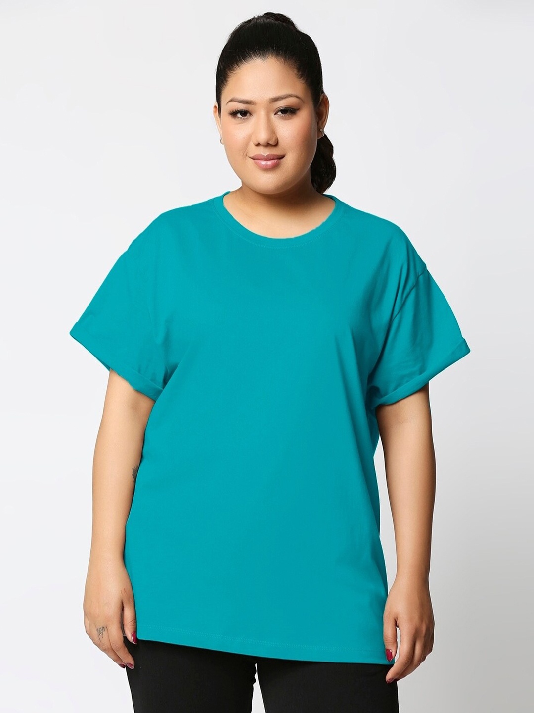 

Bewakoof Plus Women Plus Size Blue Henley Neck Cotton T-shirt