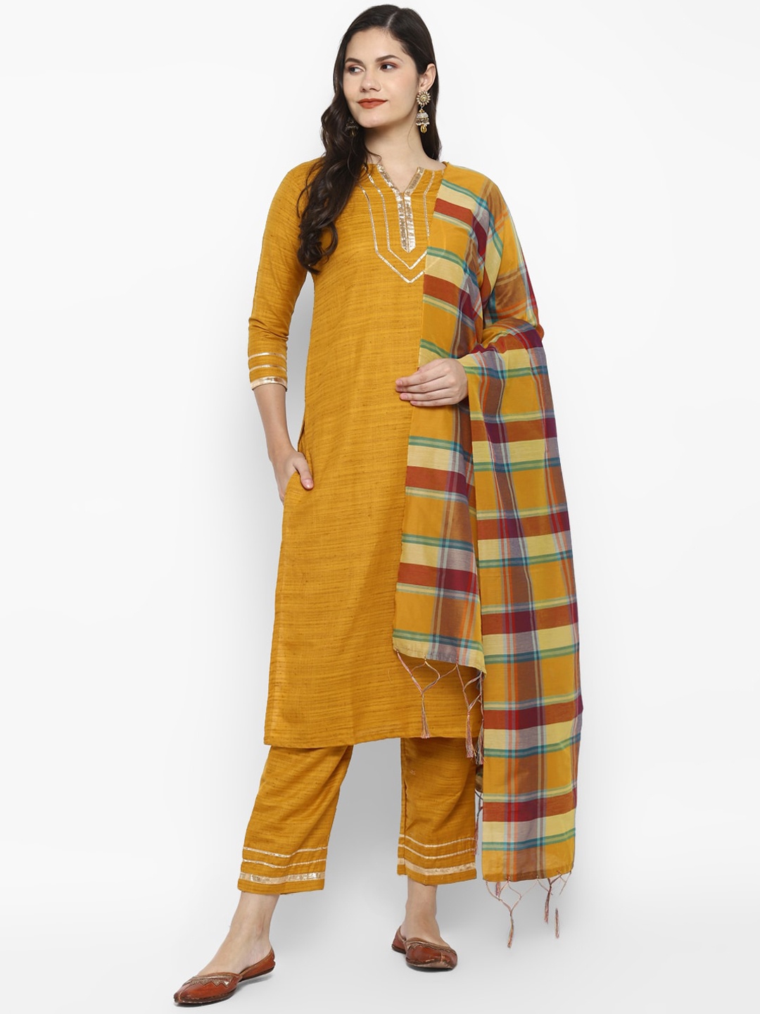 

VAABA Women Mustard Yellow Gotta Patti Kurta with Trousers & With Dupatta