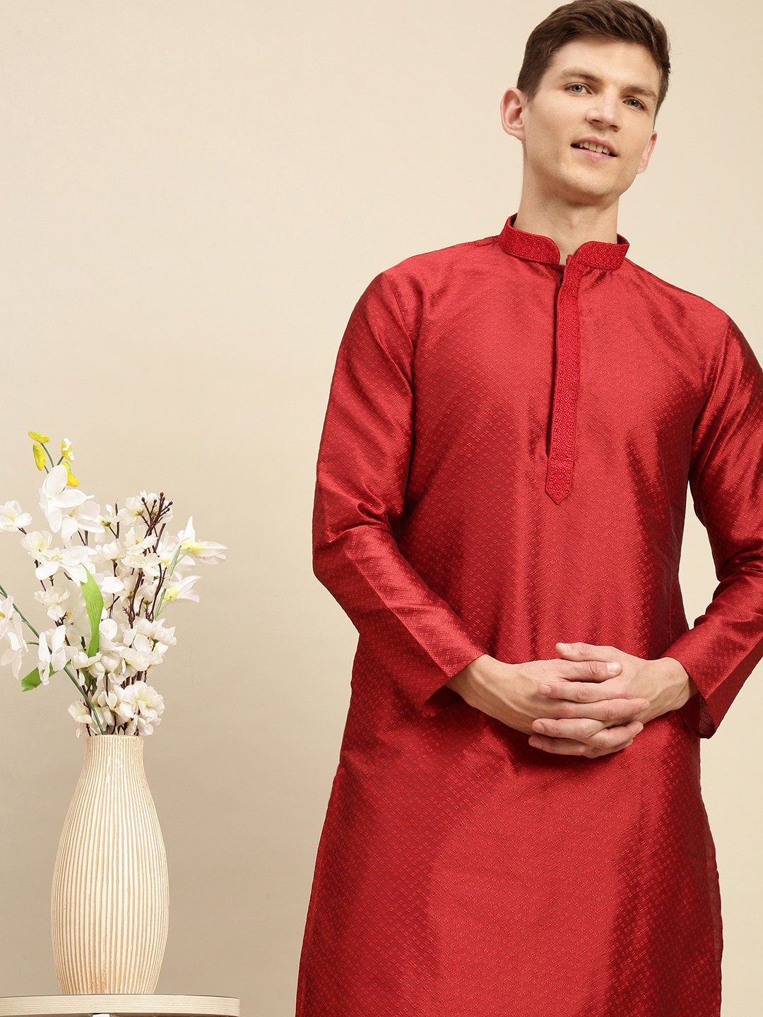 

Sanwara Men Red Embroidered Layered Kurta with Churidar