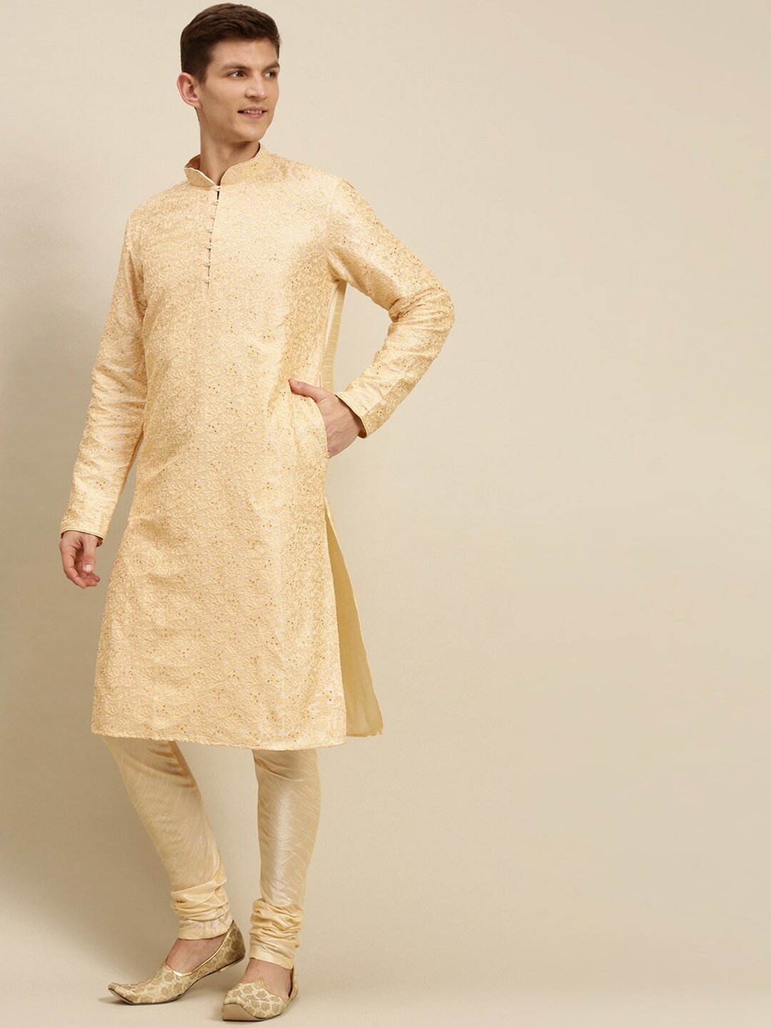 

Sanwara Men Beige Striped Panelled Kurti with Pyjamas & With Dupatta