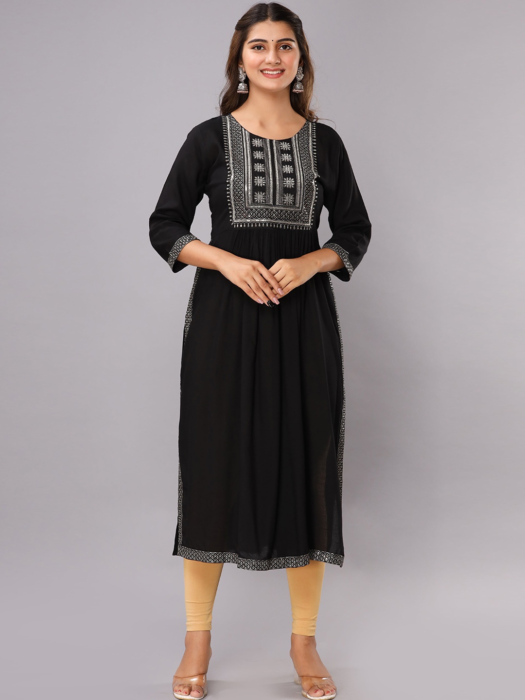 

ADORRO Women Black Ethnic Motifs Yoke Design Straight Kurta with Thread Work Detail