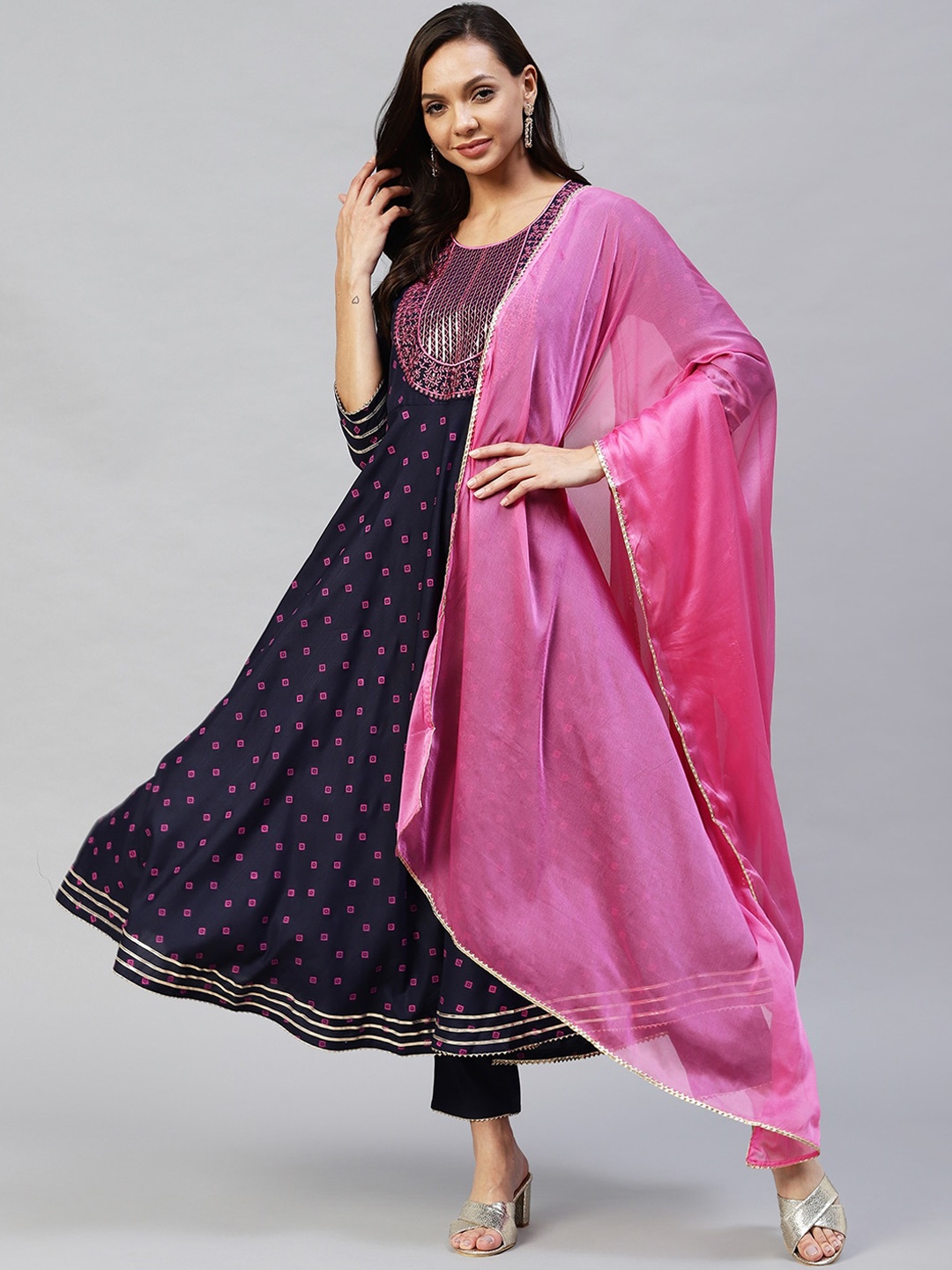 

KALINI Women Navy Blue Ethnic Motifs Printed Empire Kurta with Trousers & With Dupatta