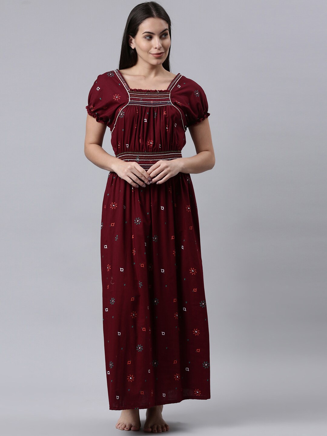 

TRUNDZ Women Printed Pure Cotton Maxi Nightdress, Maroon