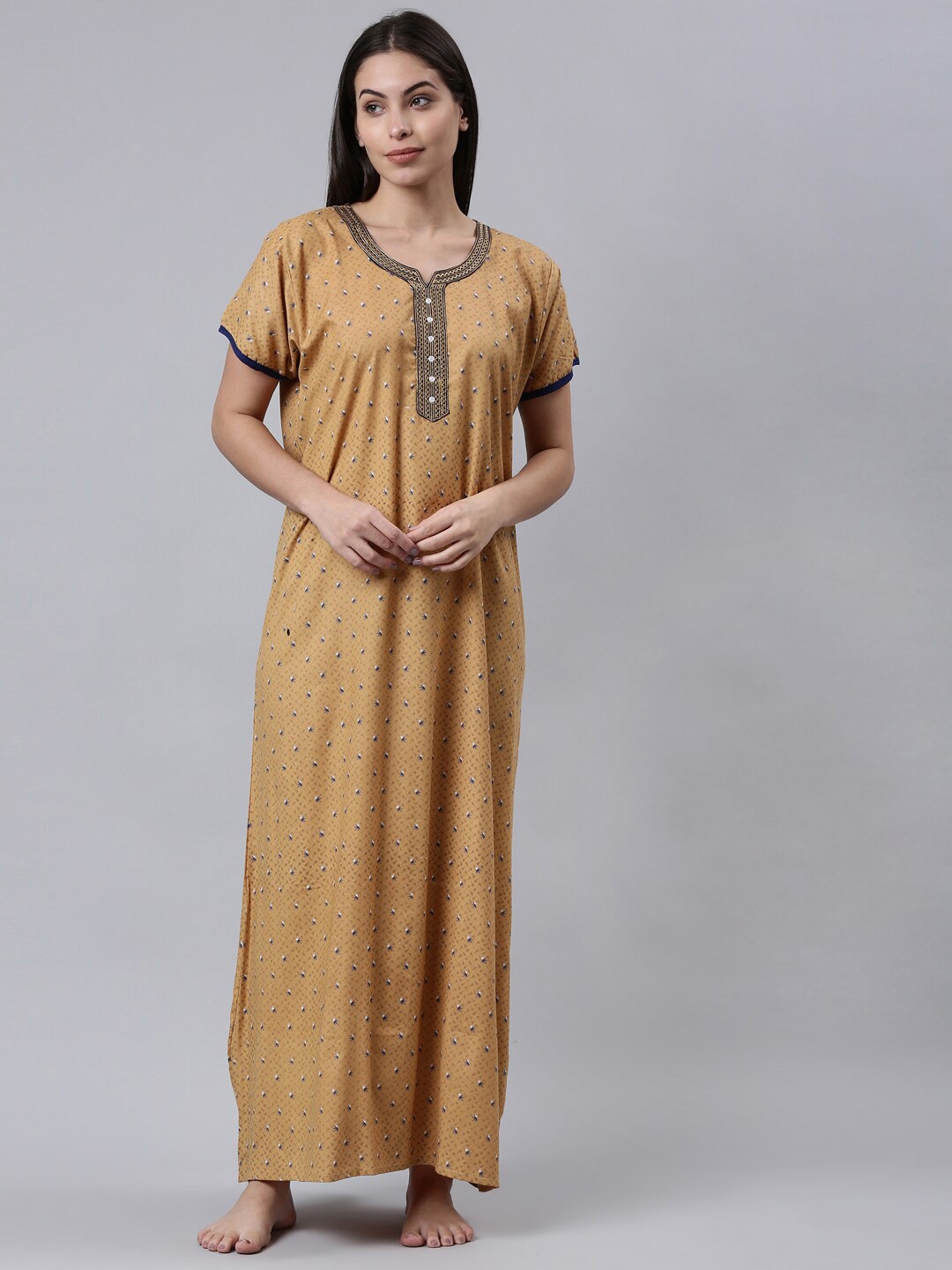 

TRUNDZ Yellow Printed Pure Cotton Maxi Nightdress